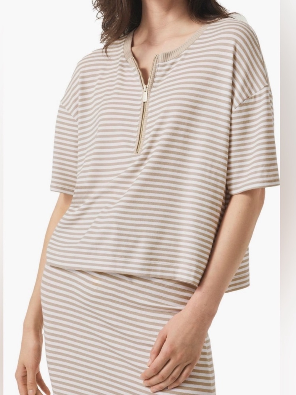 Splendid Striped Half-Zip Short Sleeve Top - Beige & White